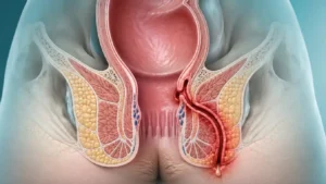 Medical illustration of perianal Crohn’s disease showing fistula anatomy, inflamed tissue, and drainage near the anal region