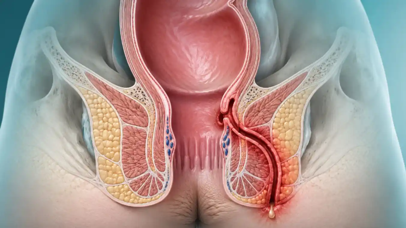 Medical illustration of perianal Crohn’s disease showing fistula anatomy, inflamed tissue, and drainage near the anal region