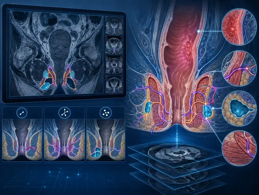 Medical illustration of perianal Crohn’s disease showing pelvic MRI, fistula tract mapping, and anatomical analysis of complex perianal fistulas
