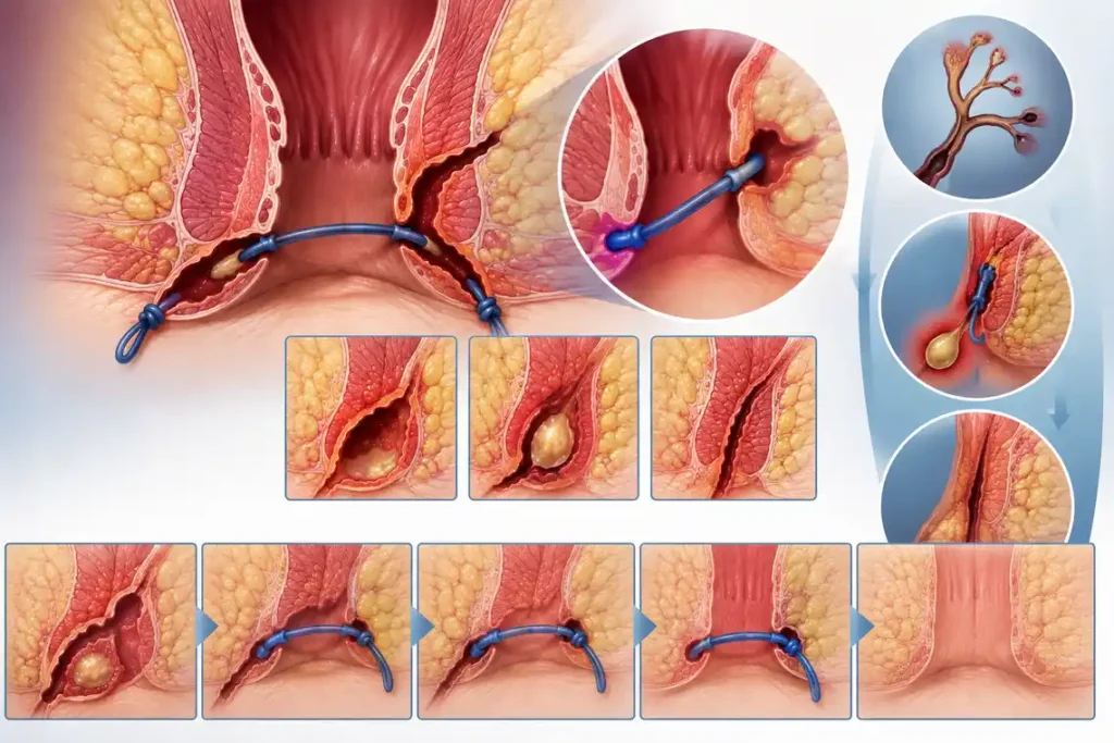 Medical illustration of perianal Crohn’s disease showing seton placement, safe fistula drainage, and staged treatment of a perianal fistula