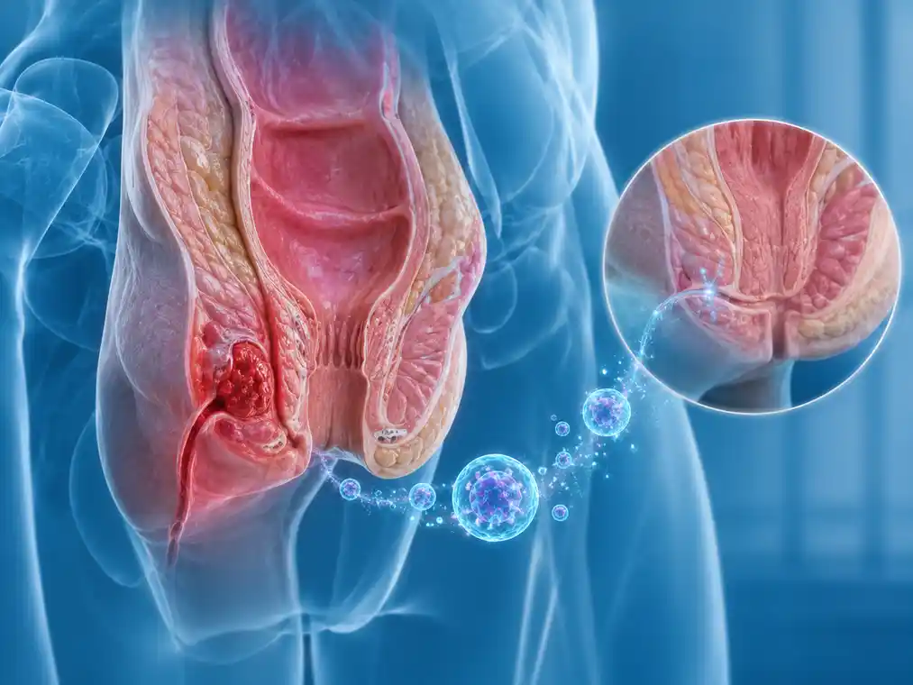 Perianal fistula in Crohn’s disease shown in pelvic anatomy with regenerative medicine cell concept