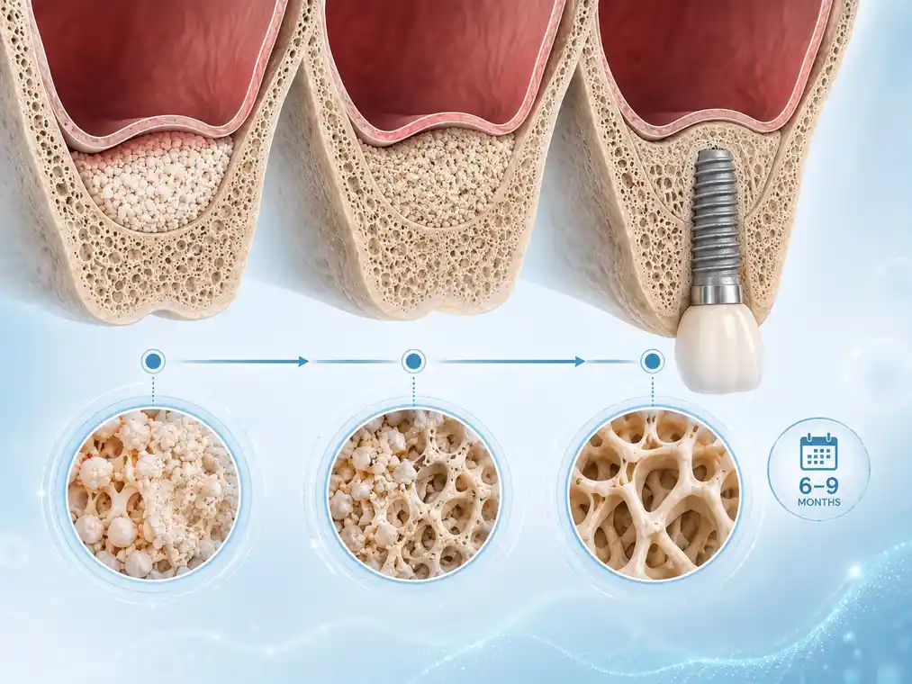 Healing timeline after a sinus lift procedure in Istanbul Turkey bone graft showing bone maturation and remodelling over 6 to 9 months before dental implant placement