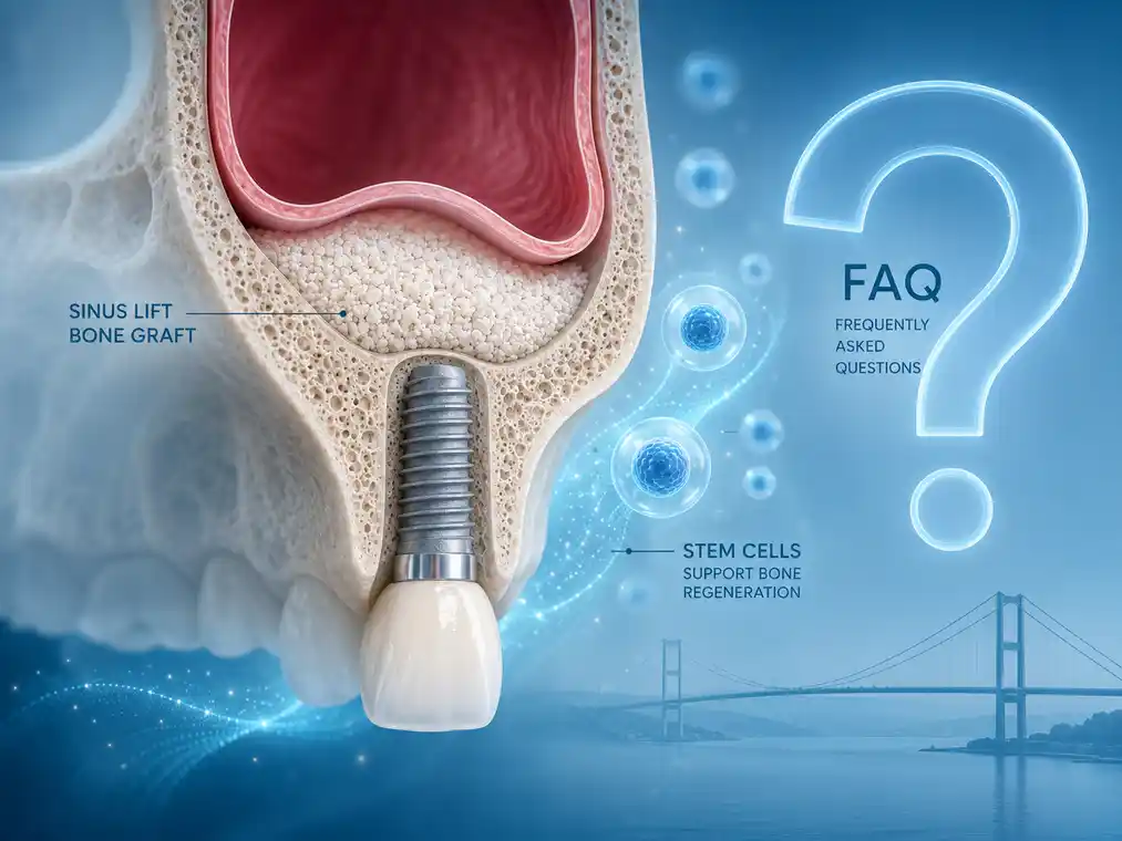 FAQ illustration of a sinus lift bone graft in Istanbul Turkey and dental implant with stem cells and a subtle Bosphorus Bridge background
