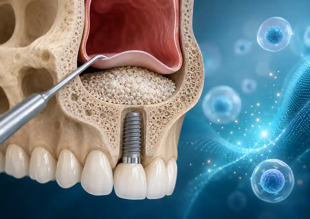 Sinus lift procedure with bone graft and dental implant showing stem cell-supported bone regeneration