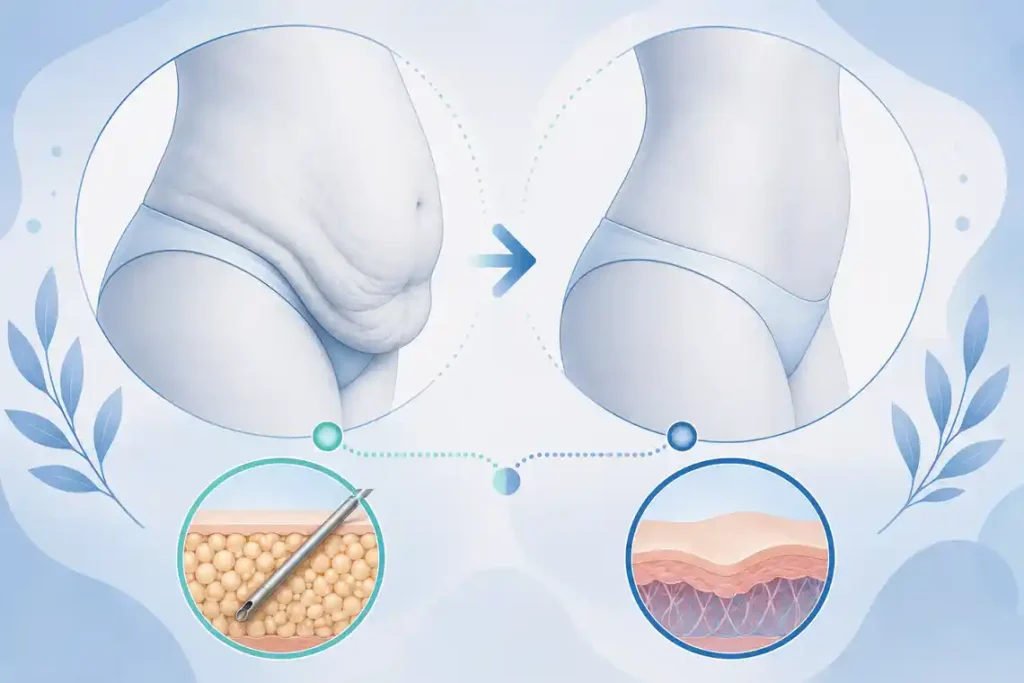 Stylised medical illustration comparing skin removal and liposuction, showing excess loose skin versus a smoother body contour with simplified skin and fat layer diagrams.