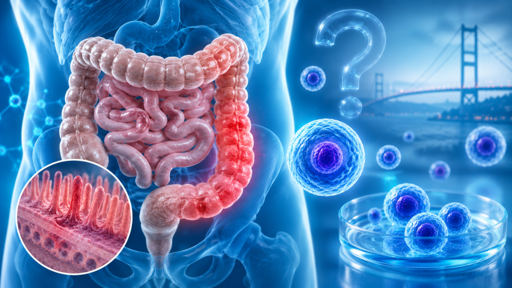FAQ illustration for stem cell therapy for Morbus Crohn showing inflamed intestines, stem cells, a question mark, and the Bosphorus Bridge in the background