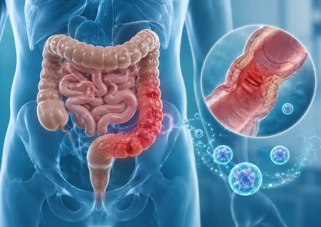 Stem cell therapy for Morbus Crohn shown with inflamed intestines, regenerative medicine cells, and intestinal tissue close-up