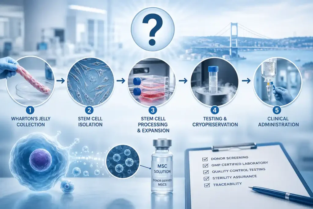 Stem cell therapy process FAQ showing Wharton’s Jelly collection, donor-derived MSC processing, quality testing, cryopreservation and clinical administration