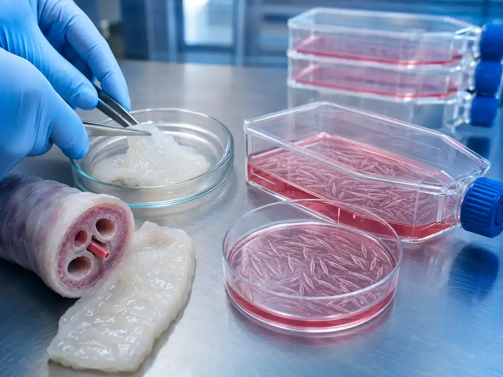Stem cell therapy process showing Wharton’s Jelly tissue preparation and donor-derived MSC culture in a controlled laboratory