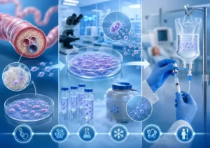 Stem cell therapy process showing Wharton’s Jelly, donor-derived MSCs, stem cell processing, cryopreservation and clinical administration