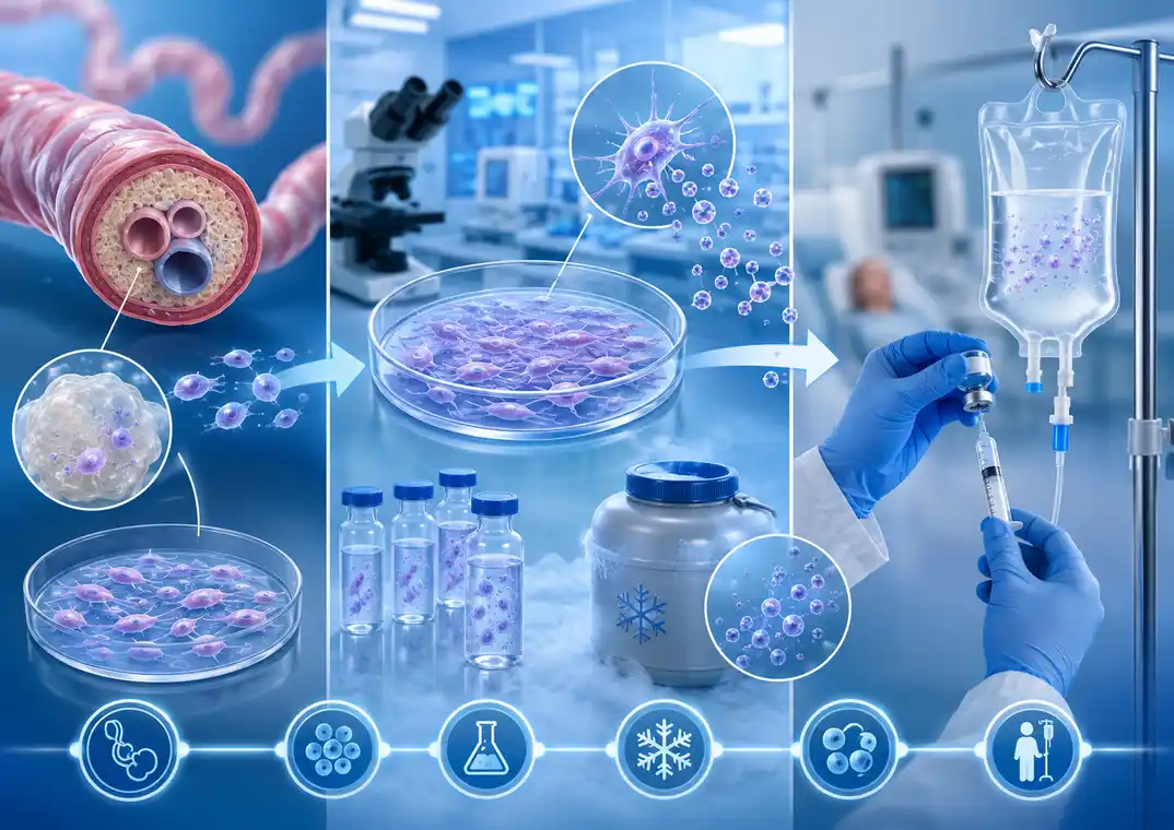 Stem cell therapy process showing Wharton’s Jelly, donor-derived MSCs, stem cell processing, cryopreservation and clinical administration