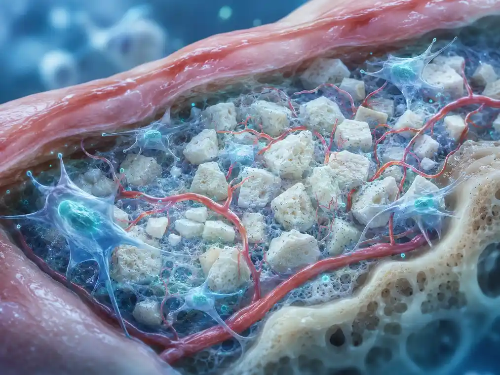 Stem cells and new blood vessels growing through bone graft particles during bone regeneration after a sinus lift procedure
