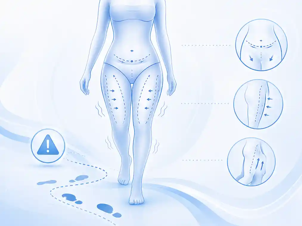 Symbolic medical illustration showing tummy tuck markings, thigh liposuction and thigh lift areas, and reduced walking mobility after combined surgery.