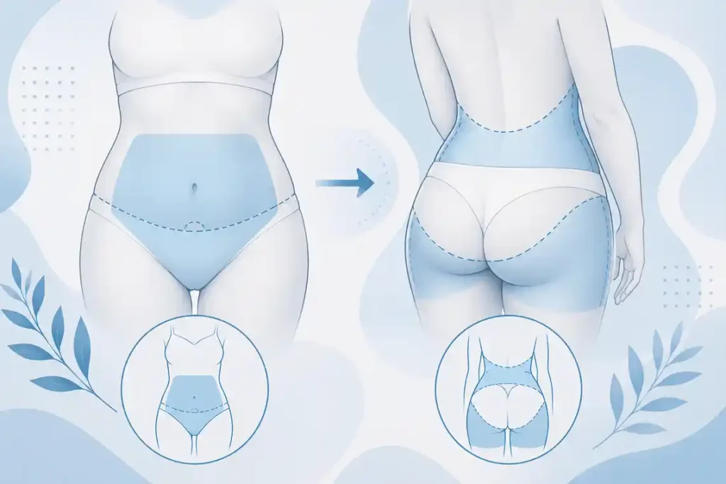Medical illustration comparing a tummy tuck and a lower body lift, showing the abdominal area versus the waist, flanks and lower back with stylised surgical markings.