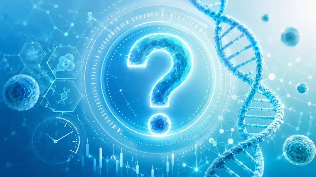 Epigenetics and longevity FAQ image with DNA testing, biological age and epigenetic clocks