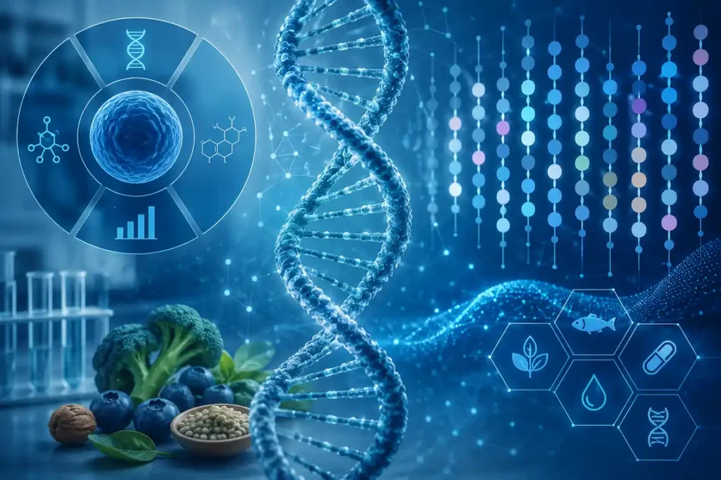 Epigenetics and longevity nutrigenetics image with DNA testing, personalised medicine and nutrition