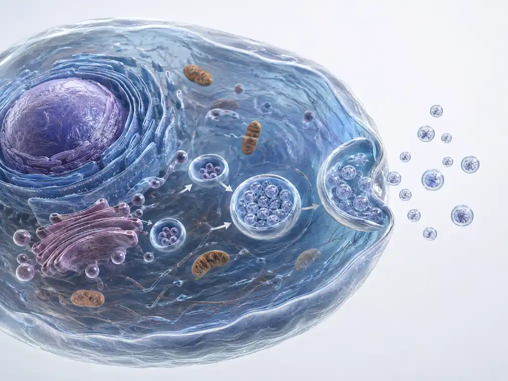 Mesenchymal stem cell exosomes production illustration showing stem cell-derived exosomes forming inside a mesenchymal stem cell and being released from the cell membrane.