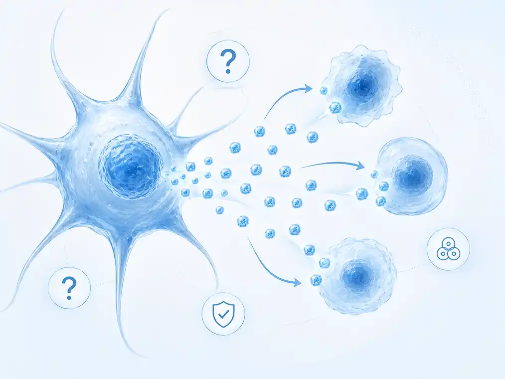 Stem cell-derived exosomes FAQ illustration showing a mesenchymal stem cell releasing exosomes in regenerative medicine