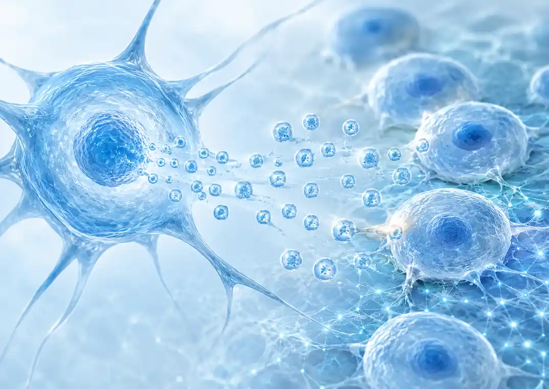 Stem cell-derived exosomes released by a mesenchymal stem cell and communicating with surrounding cells in regenerative medicine