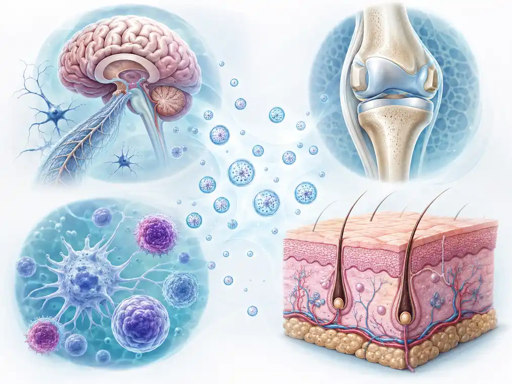 Stem cell-derived exosomes illustration showing regenerative medicine research areas including brain and spinal cord tissue, knee cartilage, immune cells, and skin tissue.