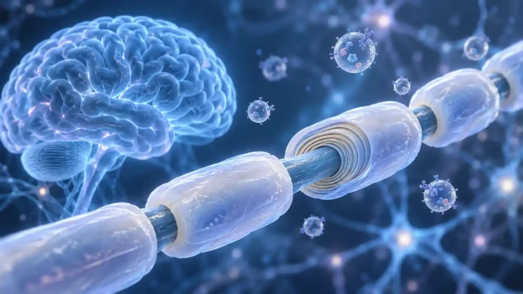 CAR-NK exosomes in multiple sclerosis research, illustrated with a brain and a myelinated nerve fibre
