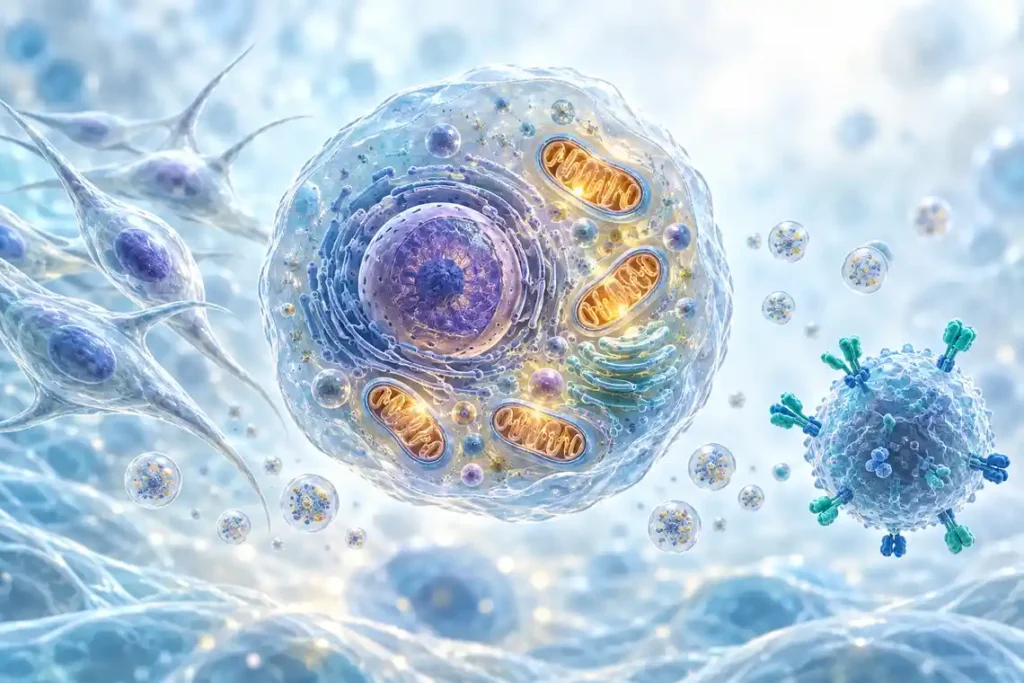 Healthy aging research illustration showing mitochondria inside a cell, stem cells, exosomes and a stylised CAR-NK cell
