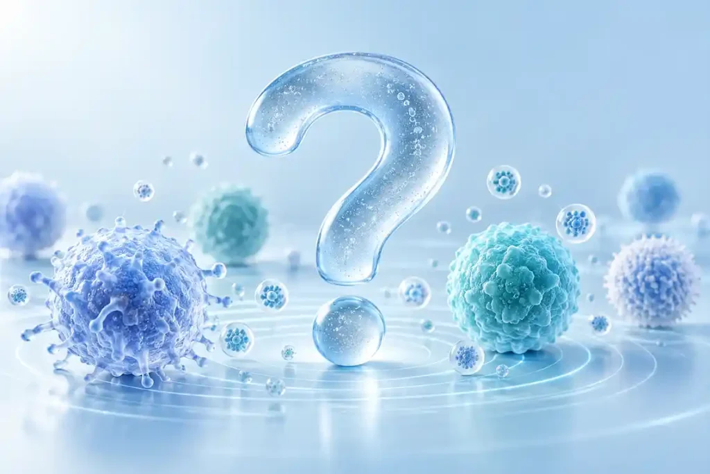 Healthy aging FAQ illustration with a question mark surrounded by immune cells and extracellular vesicles.