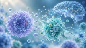 Healthy aging and immune system health: immune cells and brain illustration for longevity research.