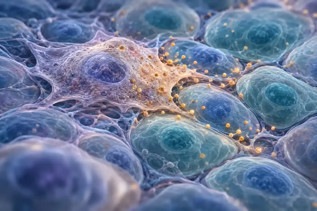 Senescent cell releasing inflammatory signals among neighbouring cells, illustrating cellular changes in healthy aging