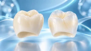 Zirconia crowns vs E-Max crowns shown side by side, illustrating differences in ceramic translucency Istanbul Turkey